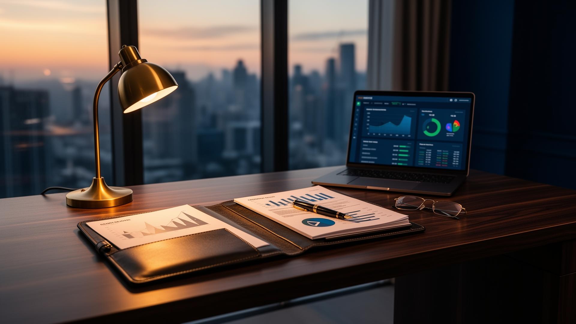 Modern professional accounting workspace at golden hour